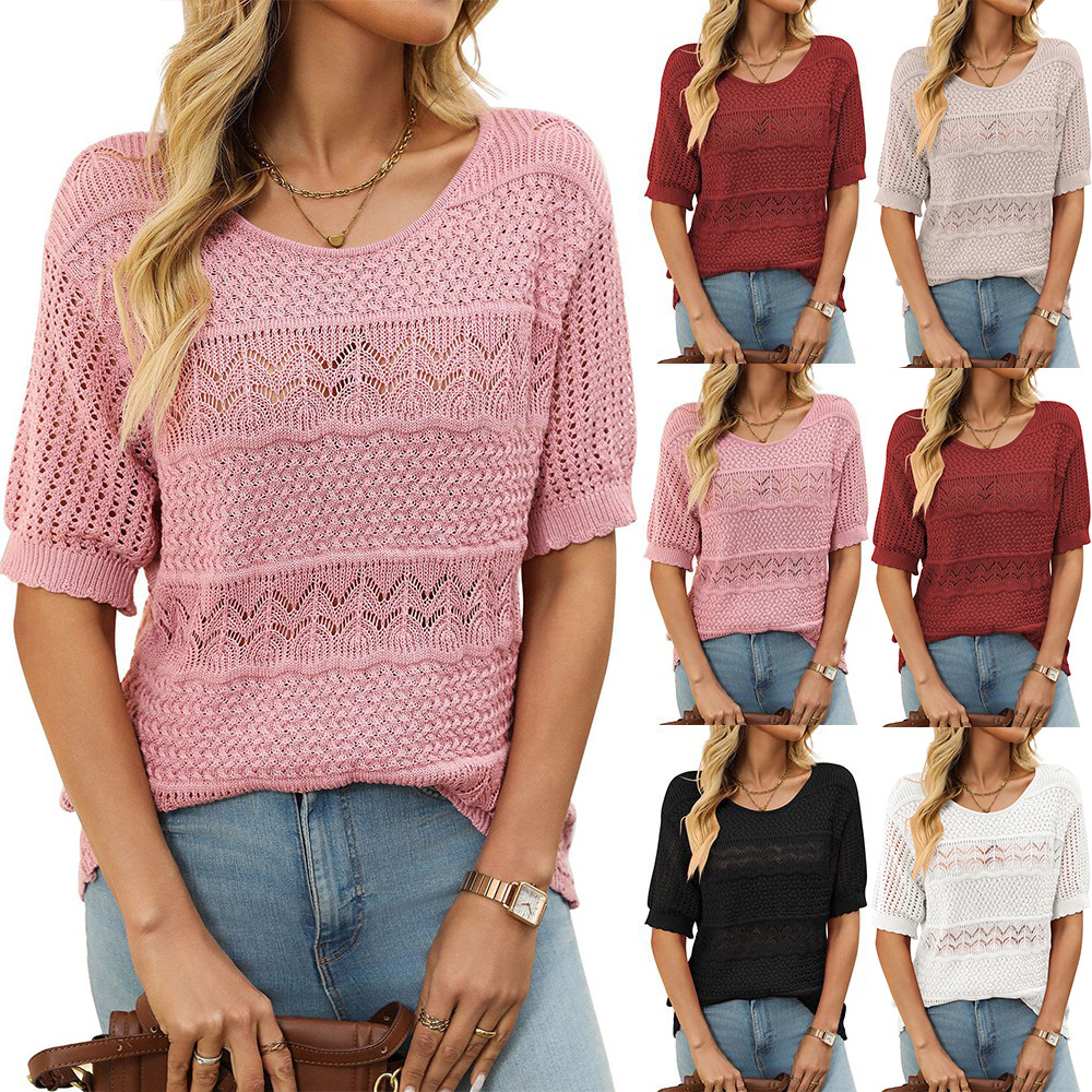 Women's Round Neck Hollow Out Short Sleeve Knit Sweater