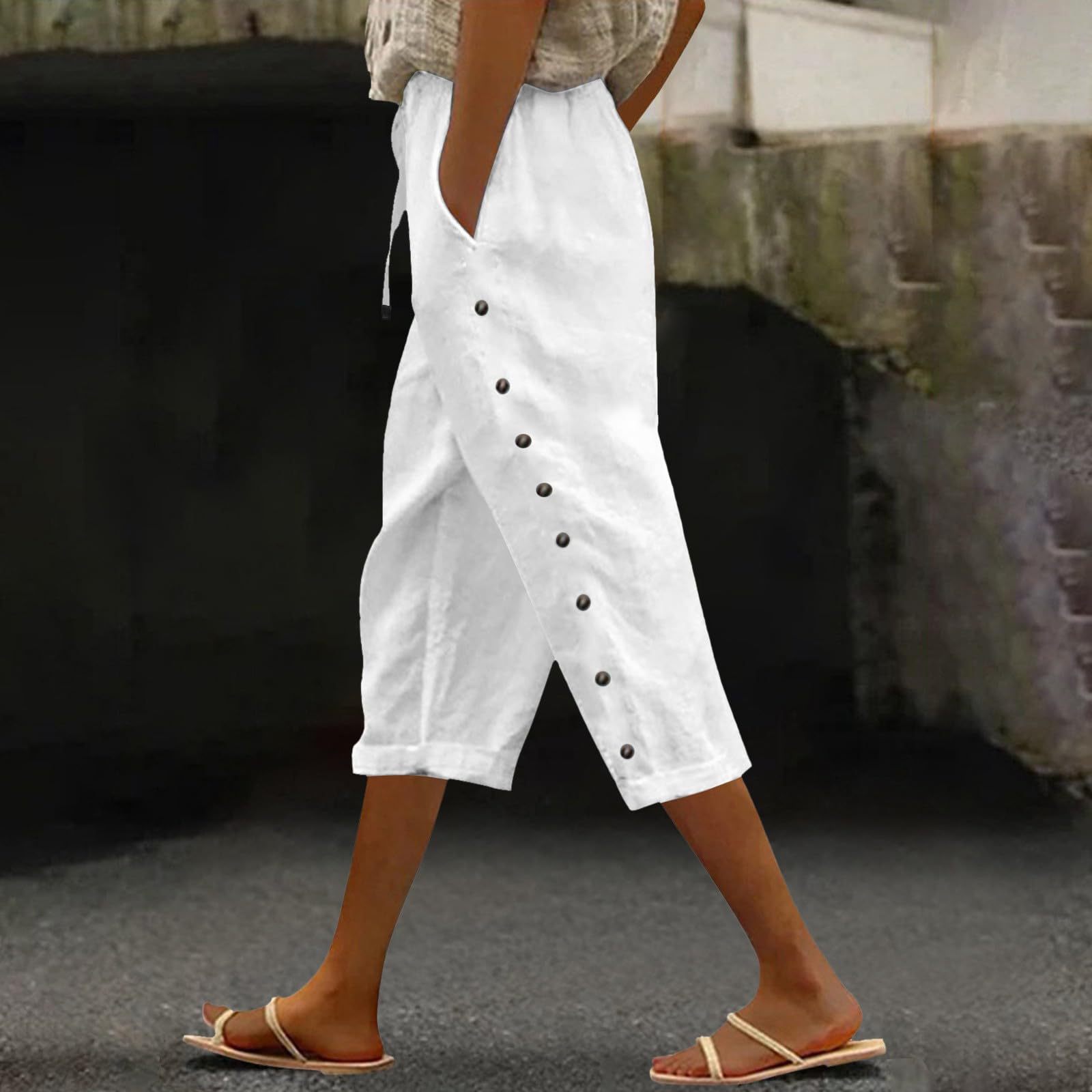 Women's Cotton-Linen Blend Cropped Pants with Elastic Waist, Breathable Straight-Leg