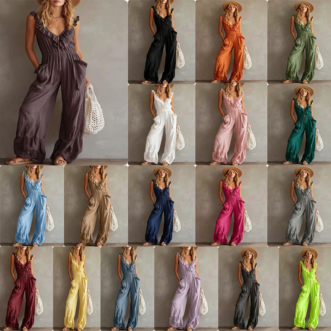 Sleeveless Pleated Solid Color Wide-Leg Jumpsuit