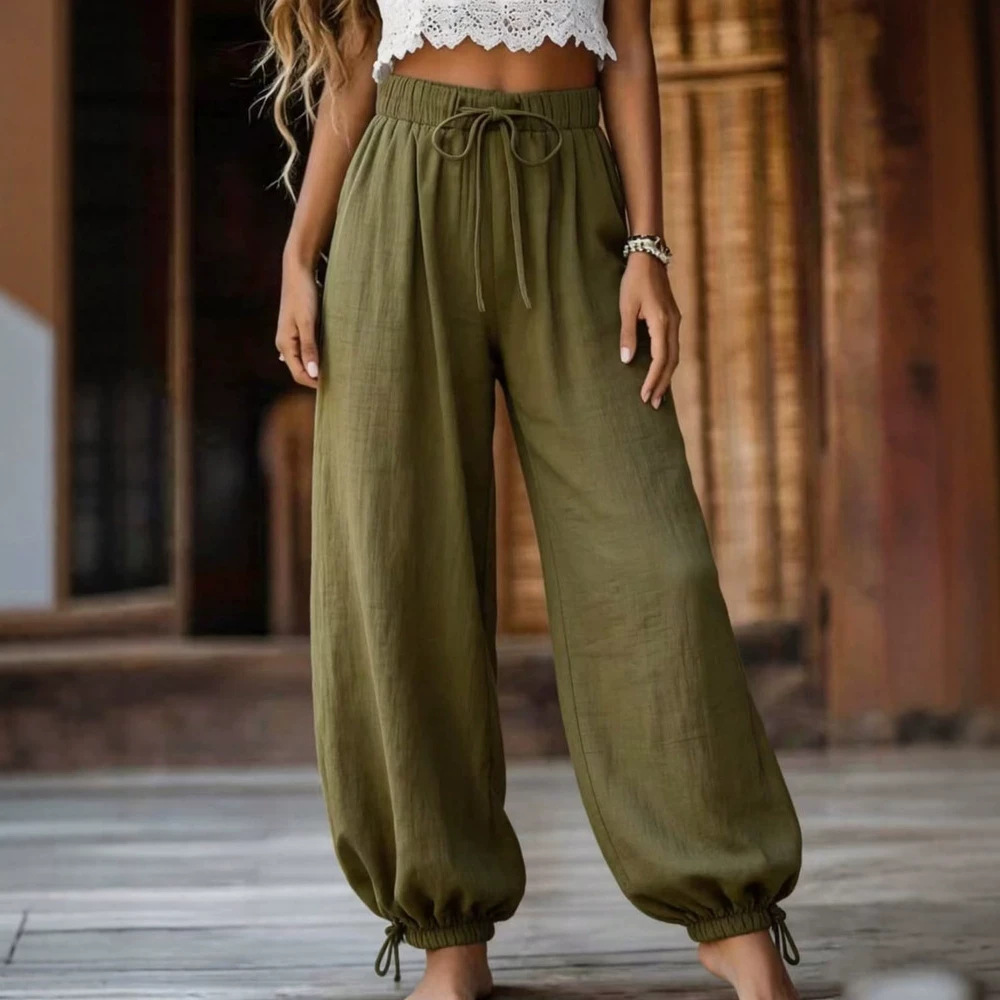 Women's Summer Lightweight Loose Straight-Leg Pants Solid Color High-Waist