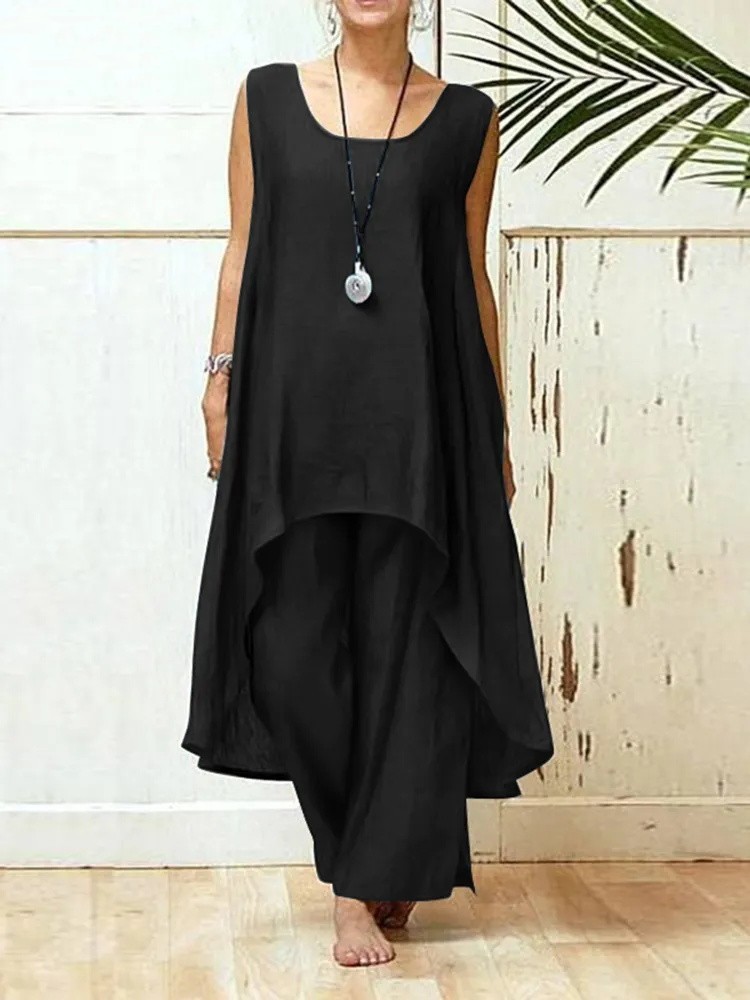Women's Cotton-Linen Sleeveless Two-Piece Wide-Leg Pants Set