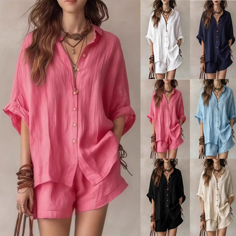 Women's Casual Two-Piece Set Loose Short Sleeve Collared Shirt and Shorts