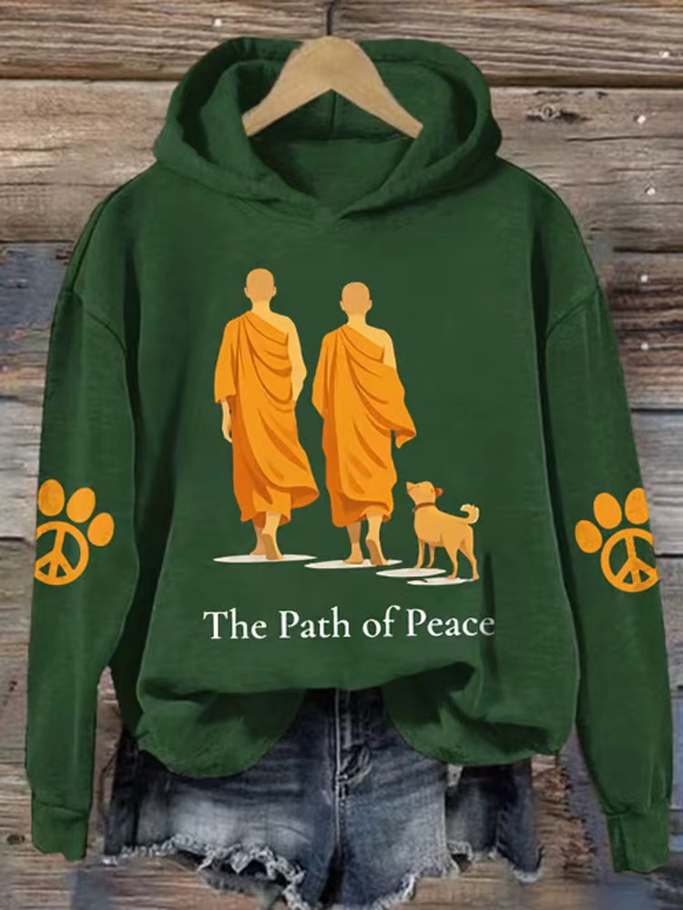 Women's Peace & Light Monk Print Casual Hoodie