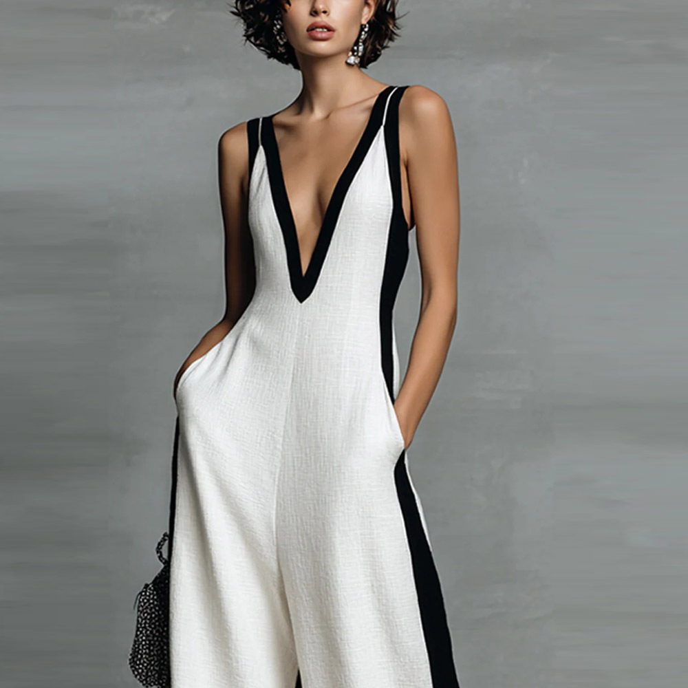 Women's Black and White Colorblock Spaghetti Strap Deep V-Neck Jumpsuit