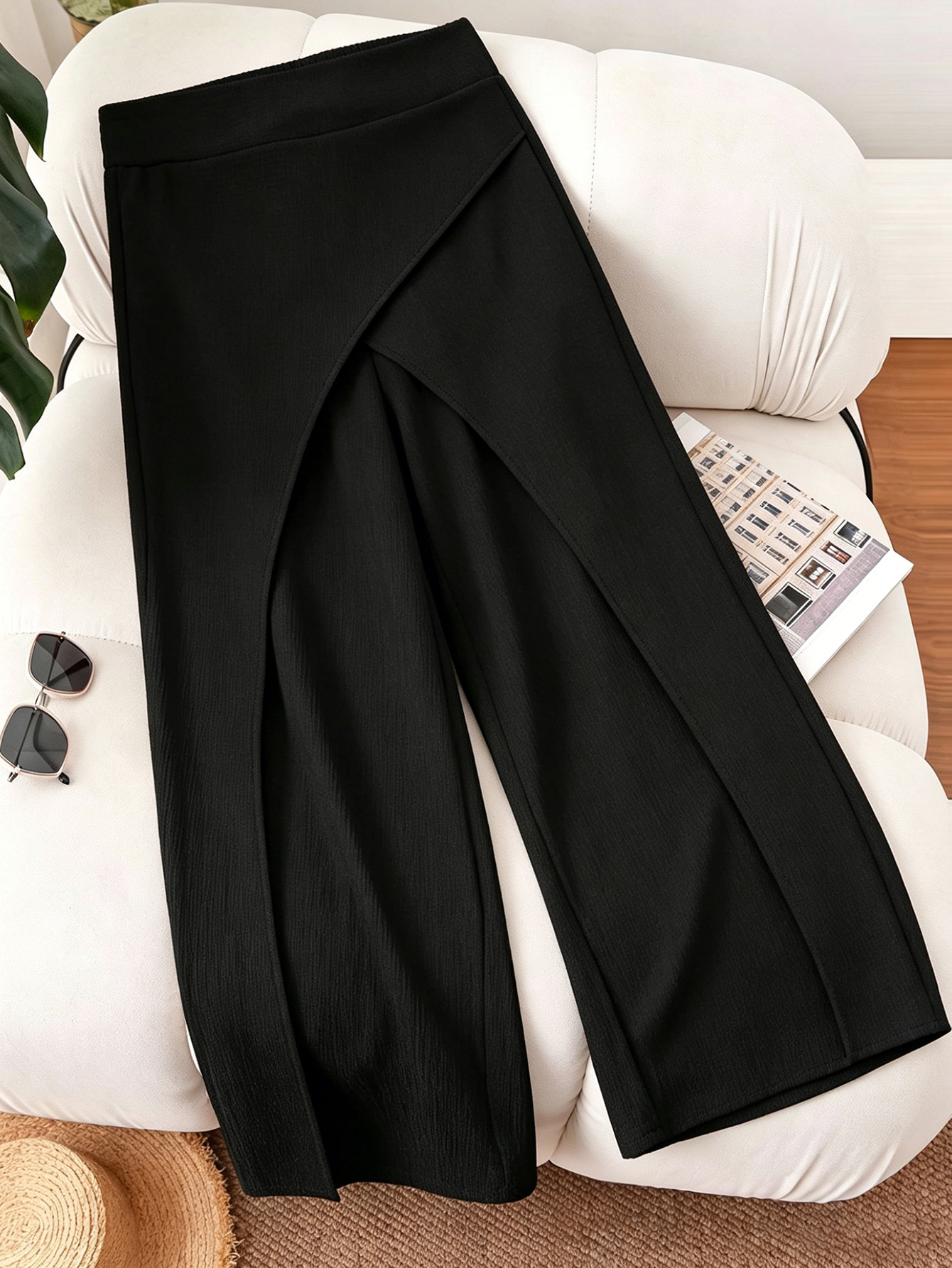 Women's Solid Color Loose Wide-Leg Pants High Waist Cropped