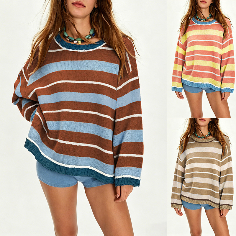 Women's Loose Crewneck Long Sleeve Knit Top Colorblock
