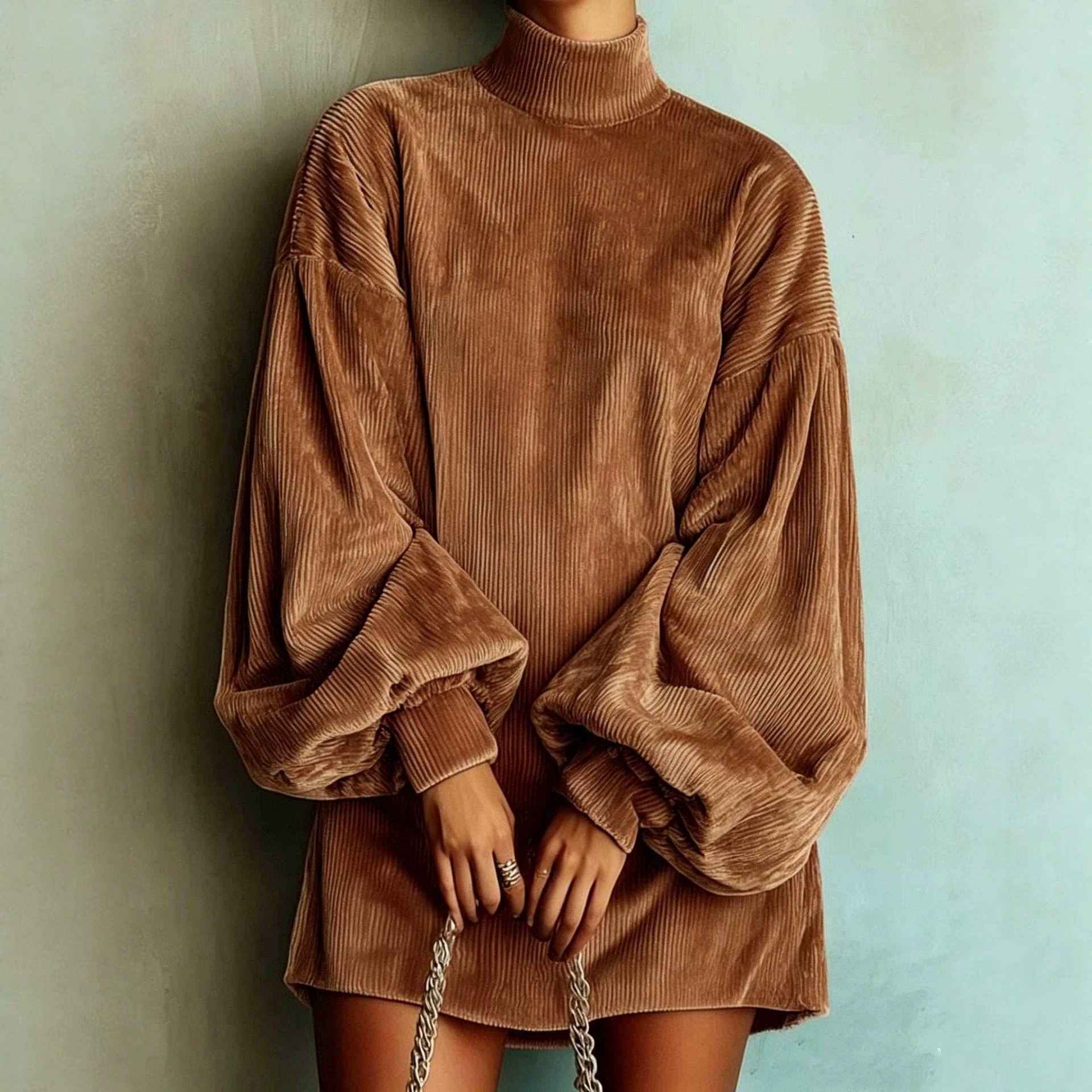 Women's Loose Lantern Sleeve A-Line Dress Corduroy Solid Color