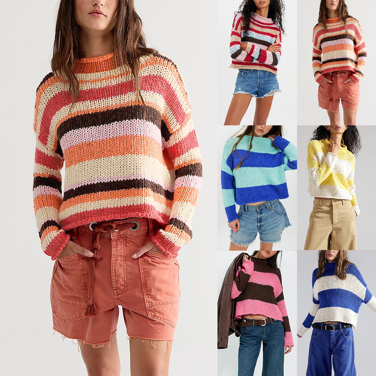 Women's Striped Color-Block Crewneck Knit Sweater