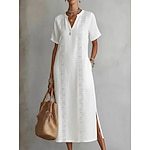 Women's Lace-Trim V-Neck Short-Sleeve Slit Cotton-Linen Midi Dress