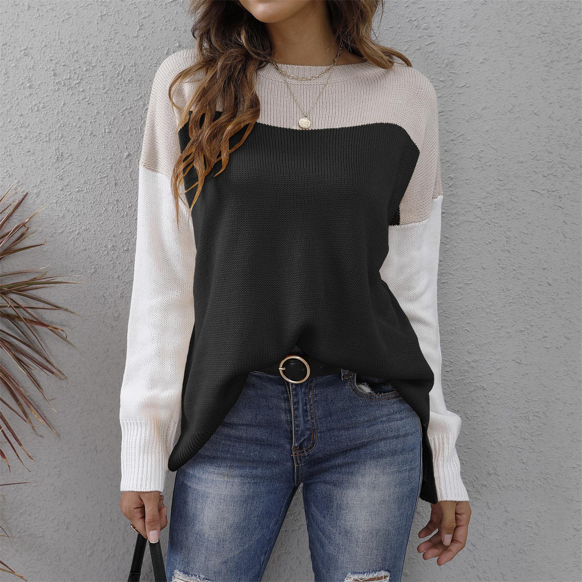 Women's Color Block Knit Pullover Sweater