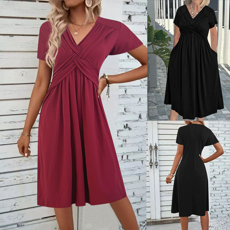 Women's Summer Short Sleeve Midi Dress Cross Pleated V-Neck A-Line