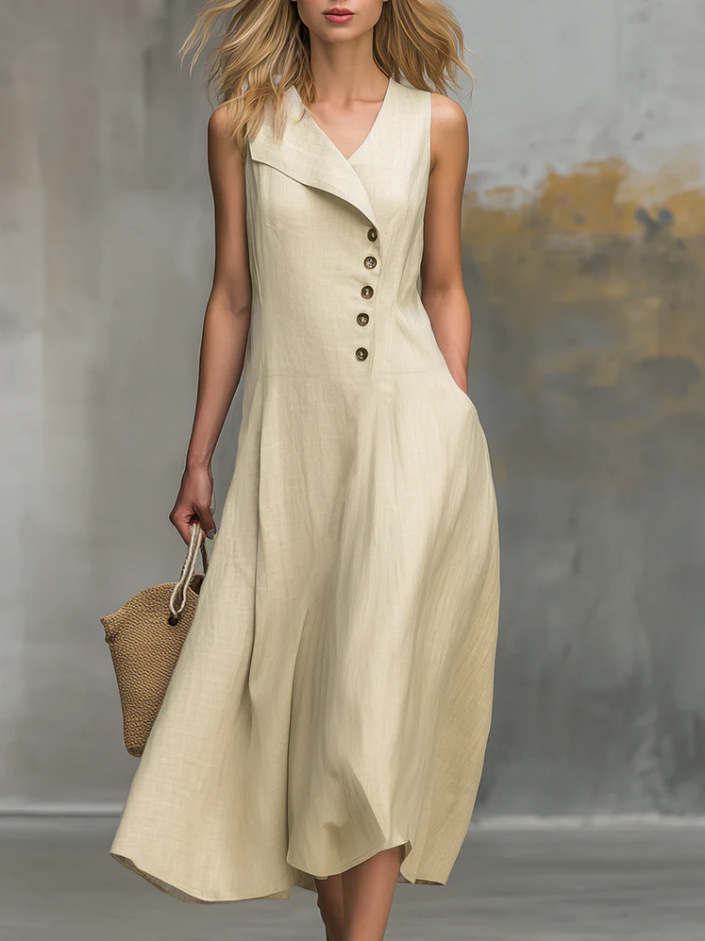 Women's Sleeveless Button-Front Collared Dress Solid Color Cinched Waist