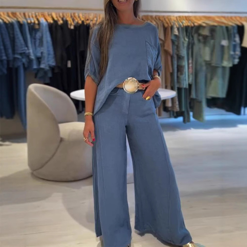 Women's Solid Color Round Neck Wide-Leg Pants Set Casual Two-Piece