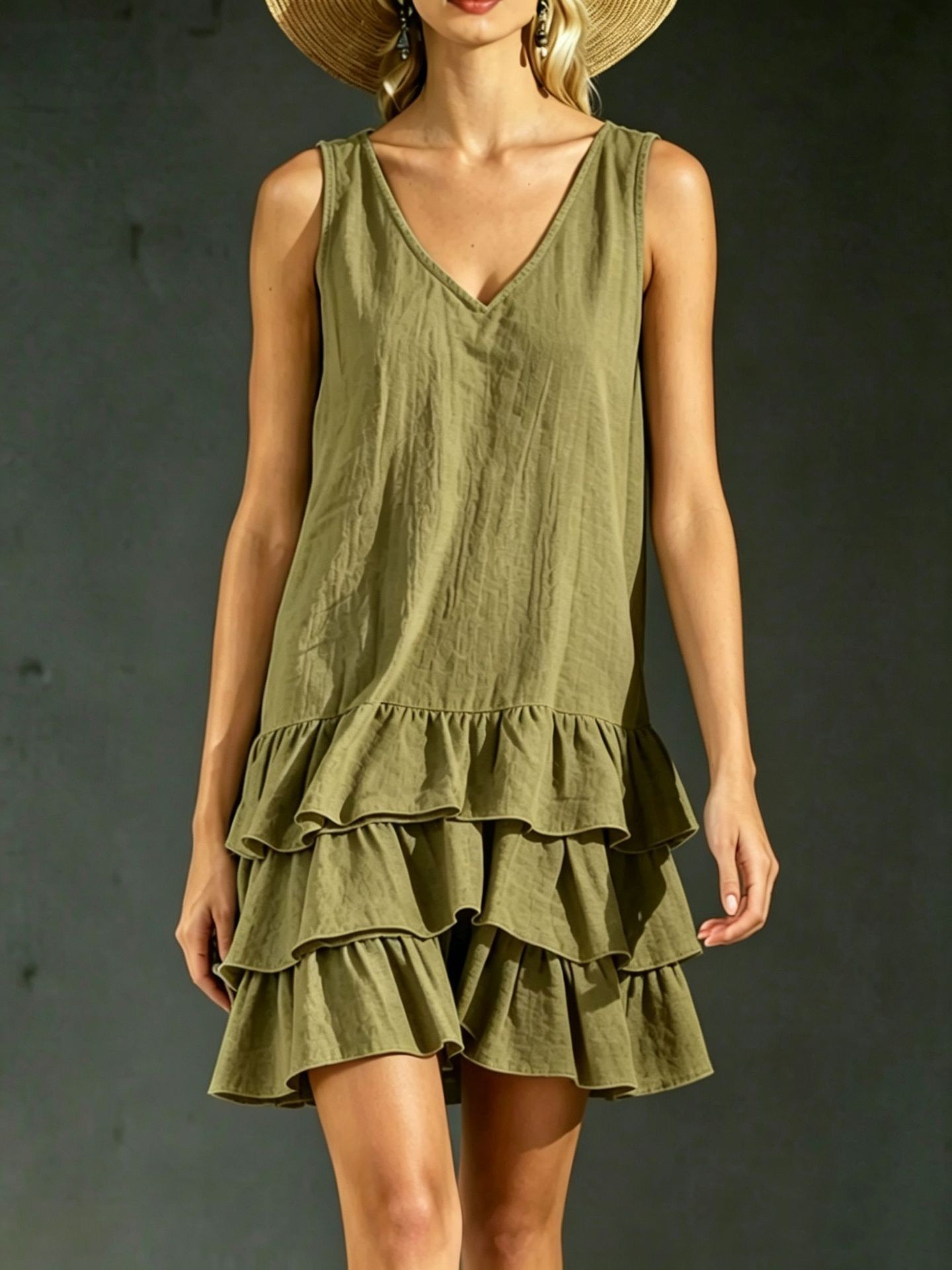 Women's Loose Solid Color Side Pocket Tank Dress Casual V-Neck Sleeveless Midi