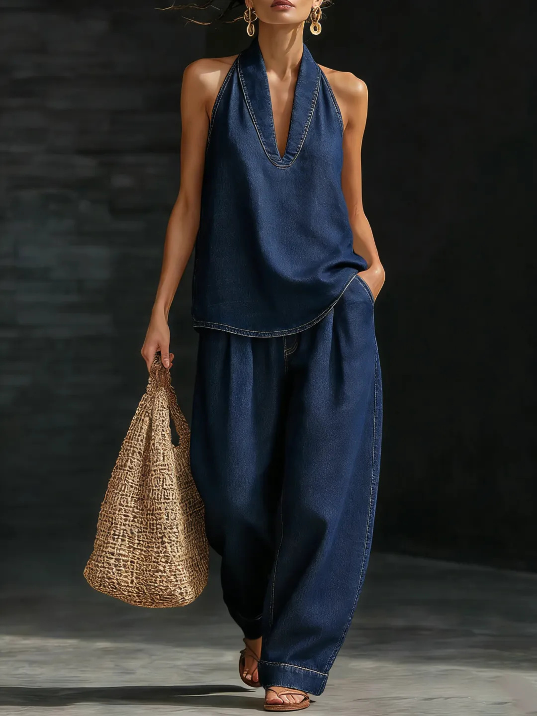 Women's Retro Button-Down Denim Top & Wide-Leg Jeans Set