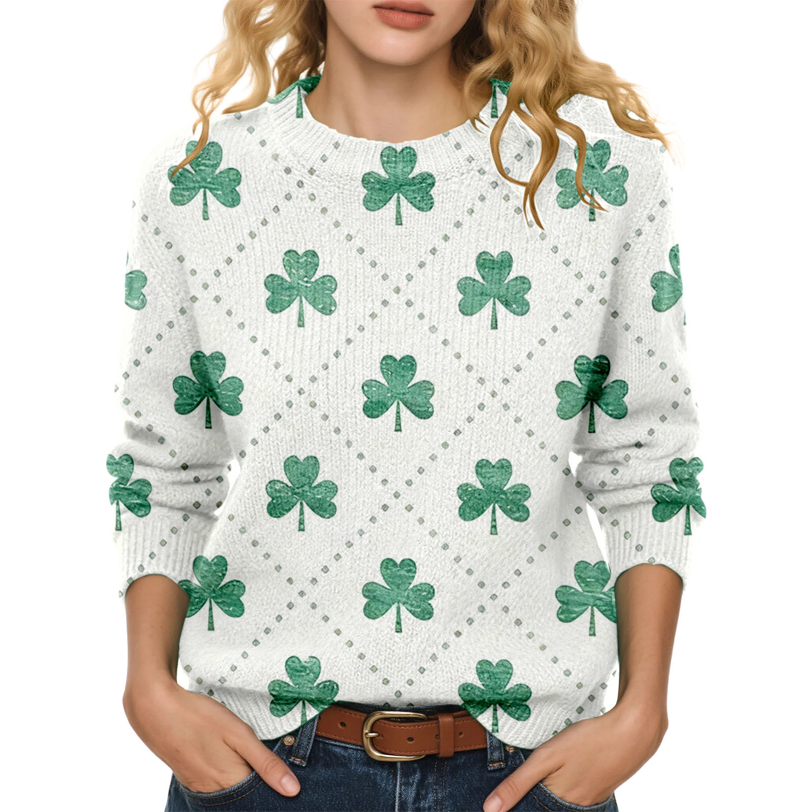 Lucky Clover Print Crewneck Sweatshirt for Women Casual Pullover