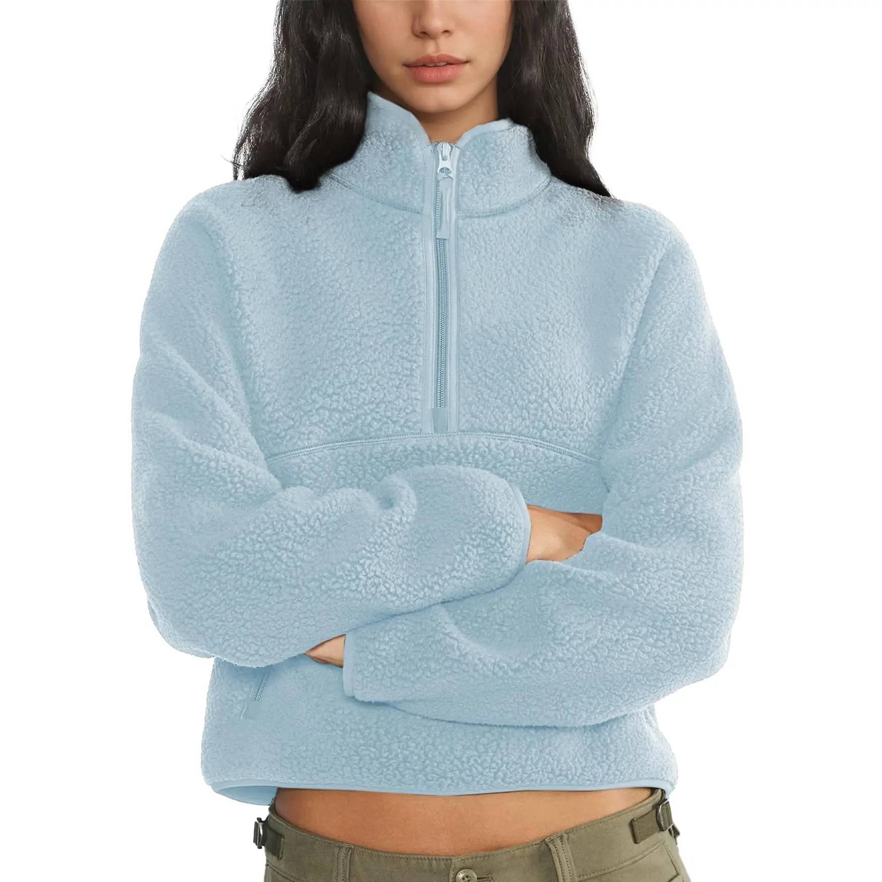 Women's Retro Fleece Half-Zip Pullover Sweatshirt Solid Stand Collar