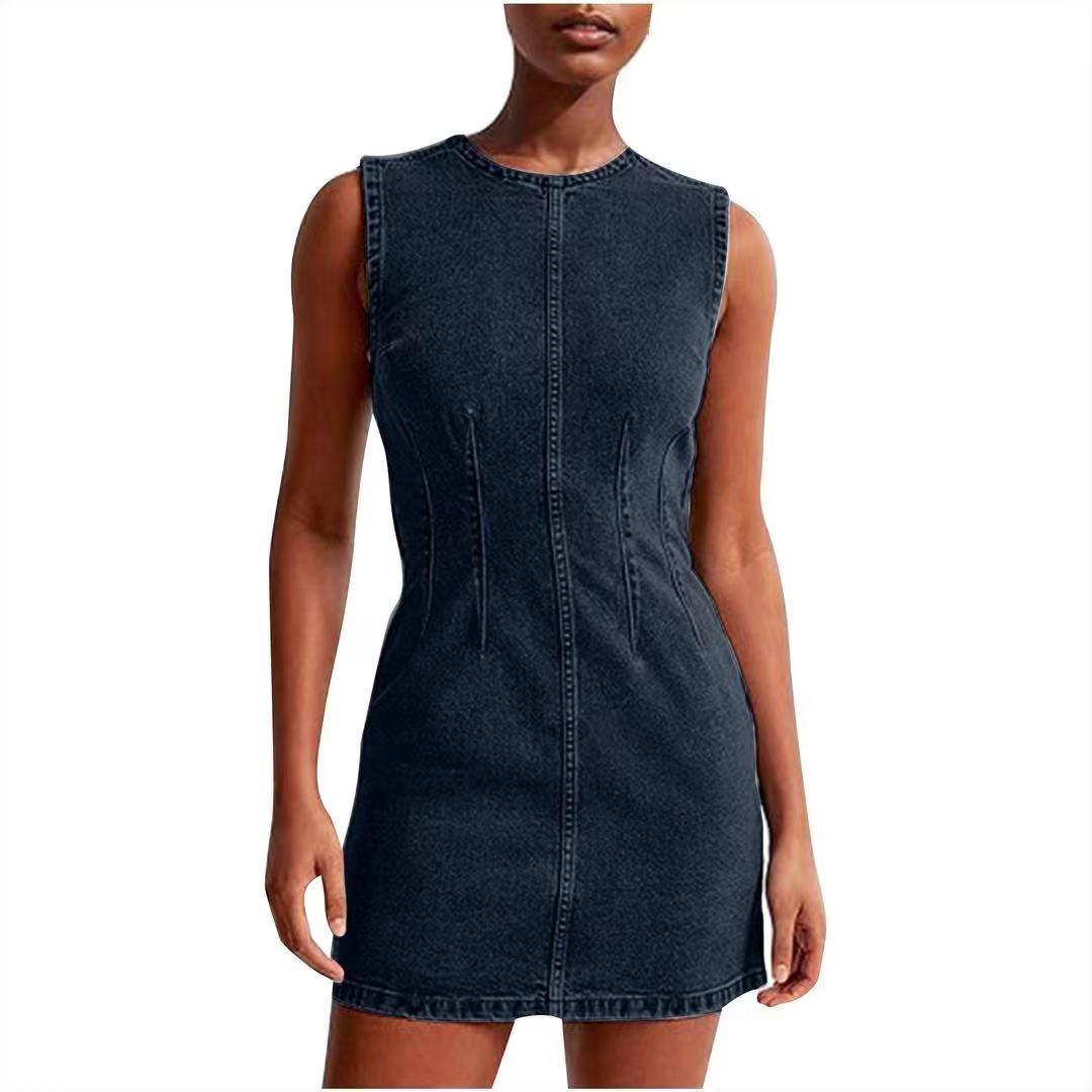 Sleeveless Round Neck High Waist Bodycon Denim Dress