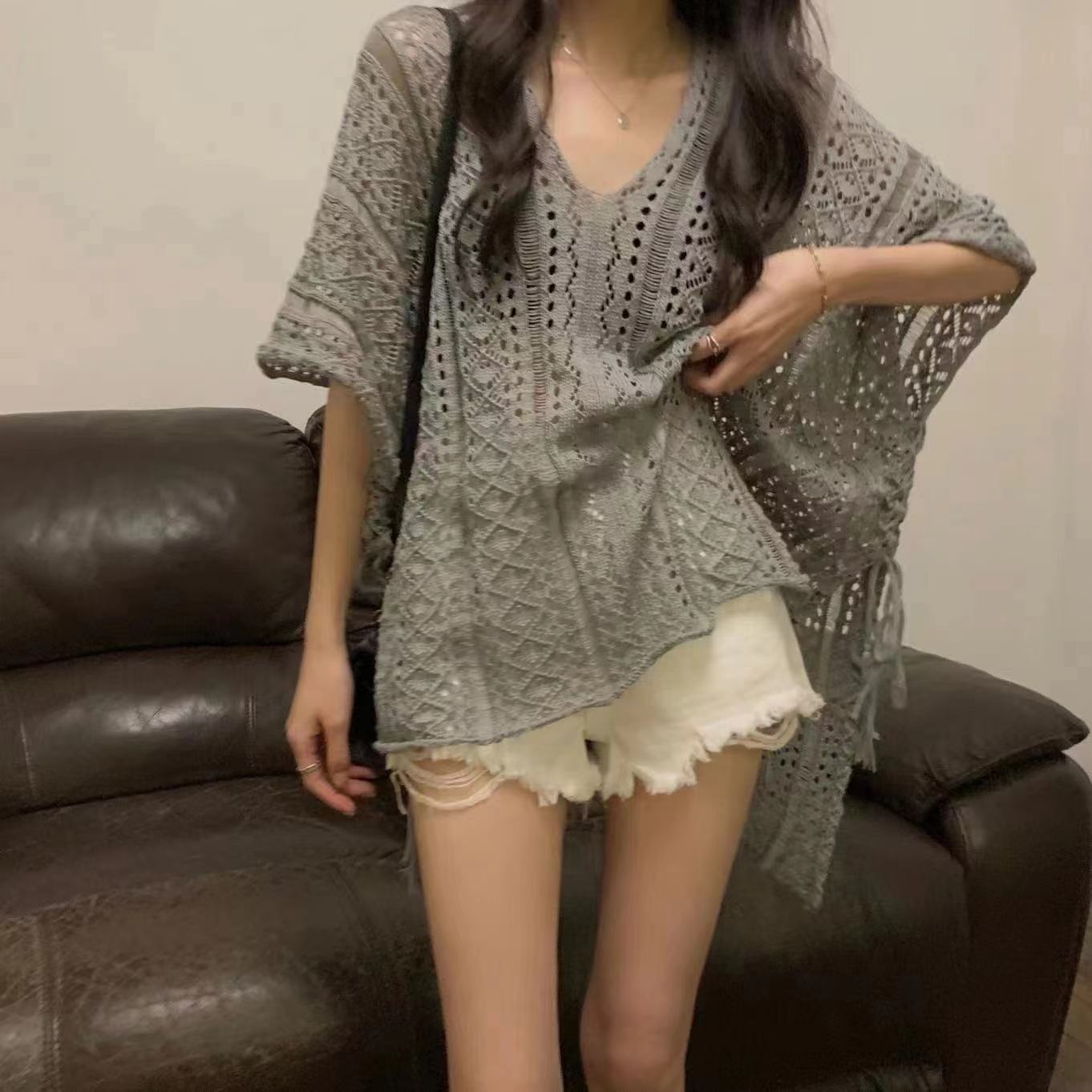 Openwork Short-Sleeve Knit Top Women's Loose Lightweight Sun Protection Cover-Up