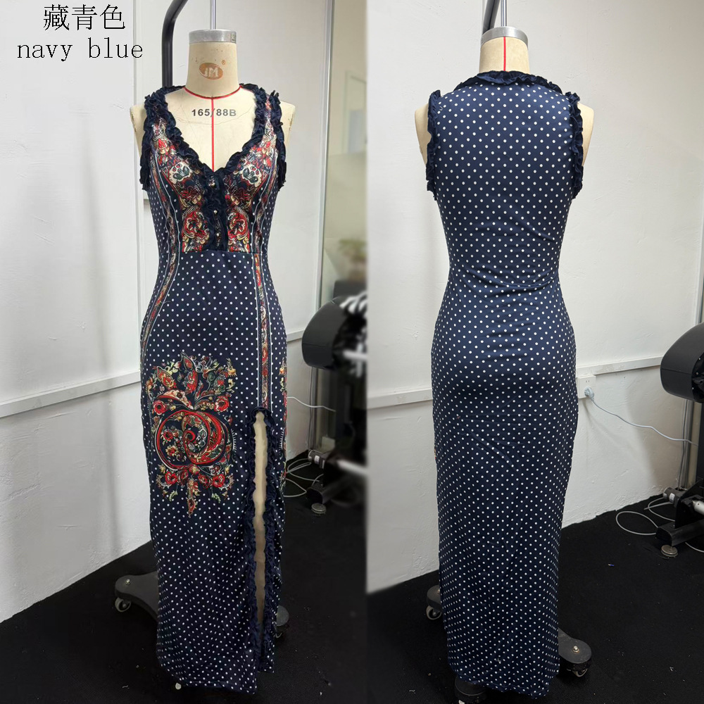Women's Sleeveless V-Neck Digital Print Slit Long Dress