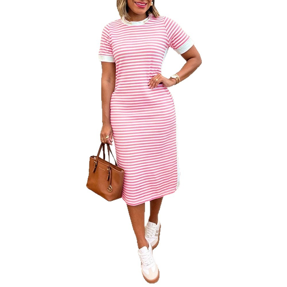 Women's Striped Round Neck Slit Casual Dress