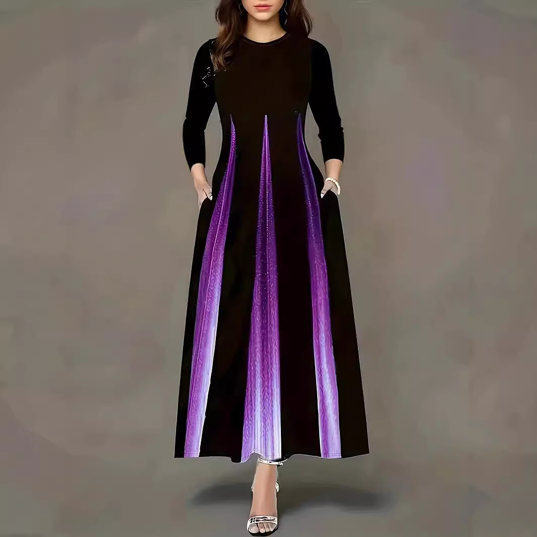 A-Line Long Sleeve Round Neck Gradient Print Midi Dress