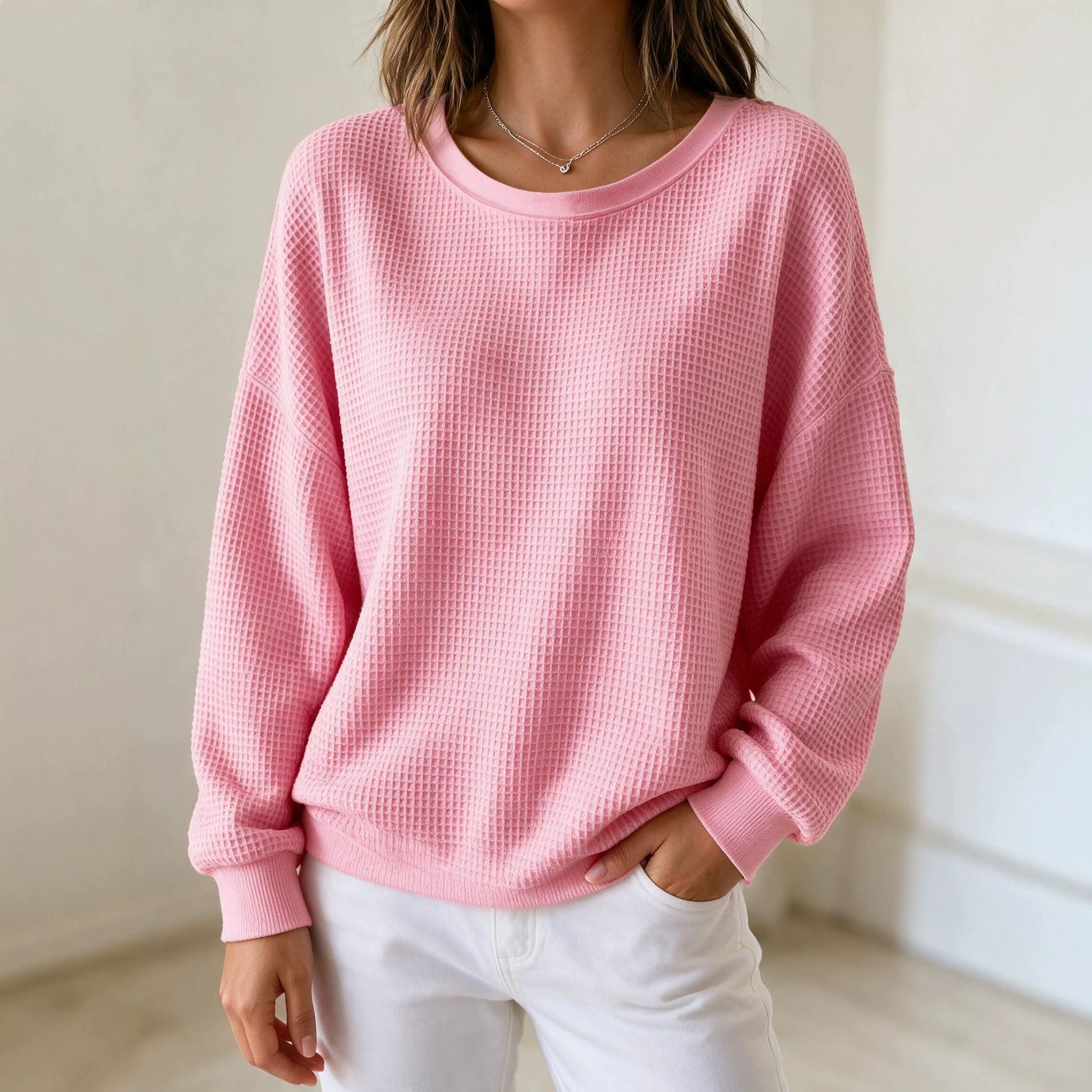Women's Waffle Knit Crewneck Pullover Sweatshirt