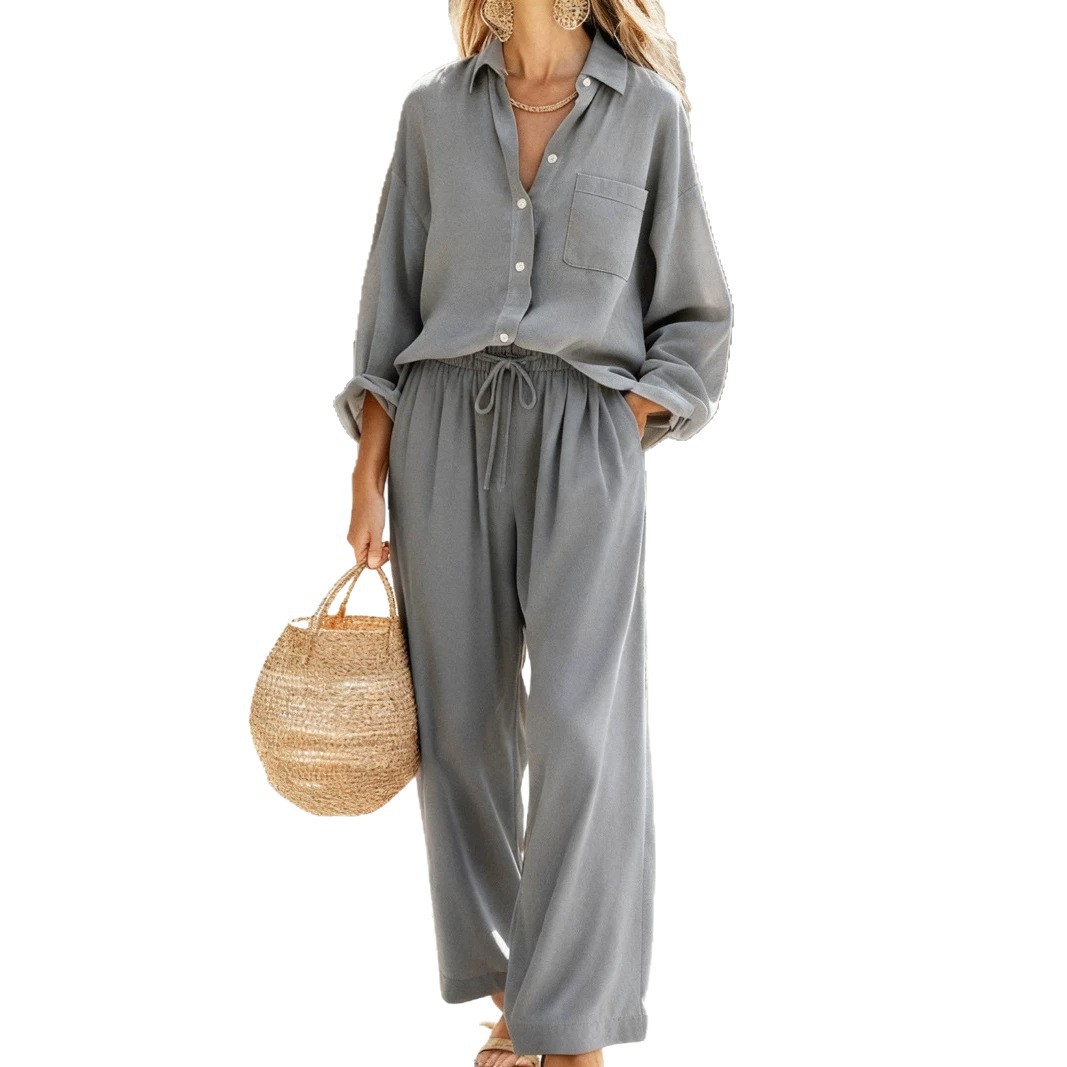Women's Solid Color Long Sleeve Collared Top Set Casual Loose Fit