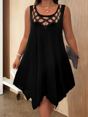 Women's Solid Color Hand-Sequin Cutout Sleeveless A-Line Midi Dress