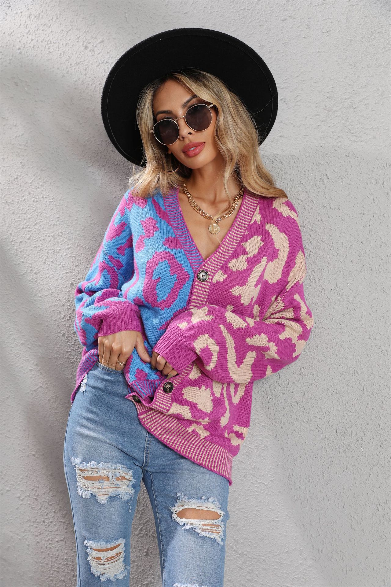 Leopard Print Patchwork Plus Size Button Cardigan Knit Sweater