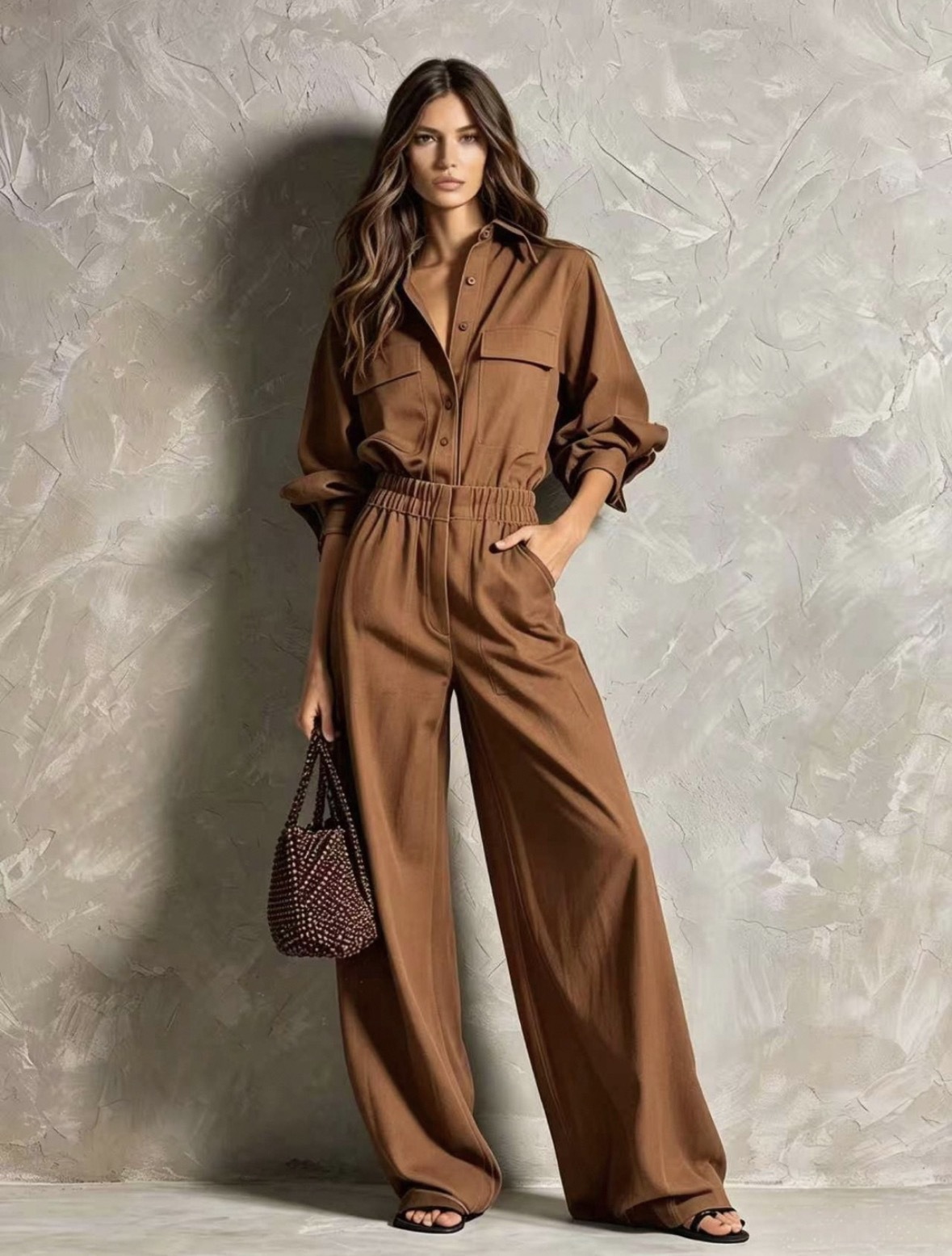 Women's High-Waist Wide-Leg Jumpsuit with Shirt Collar and Elastic Waist