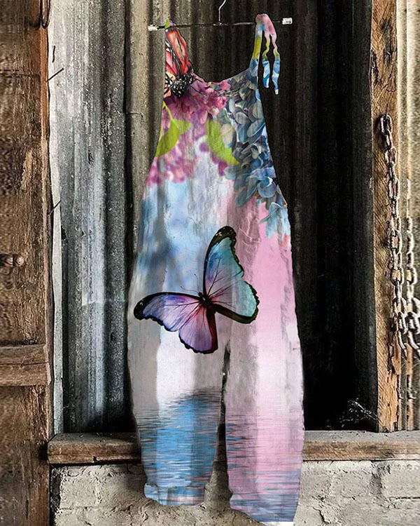 Women's Printed Cotton-Linen Cami Jumpsuit Sleeveless Wide-Leg Beach Romper