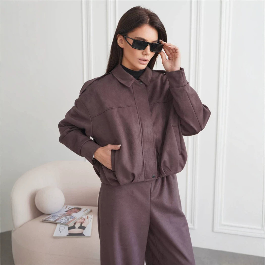 Women's Faux Suede Open-Front Jacket and Pants Set