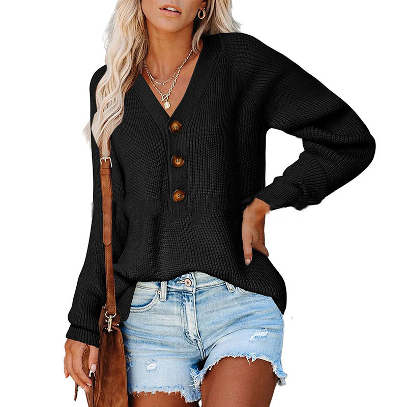 Button-Front V-Neck Knit Sweater for Women, Cotton Blend, Loose Fit, Long Sleeve
