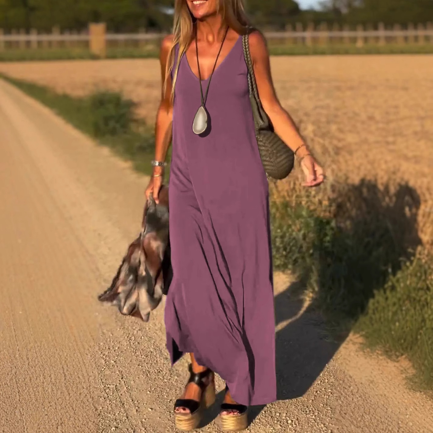 Women's V-Neck Cami Dress Sleeveless Long Slim Fit