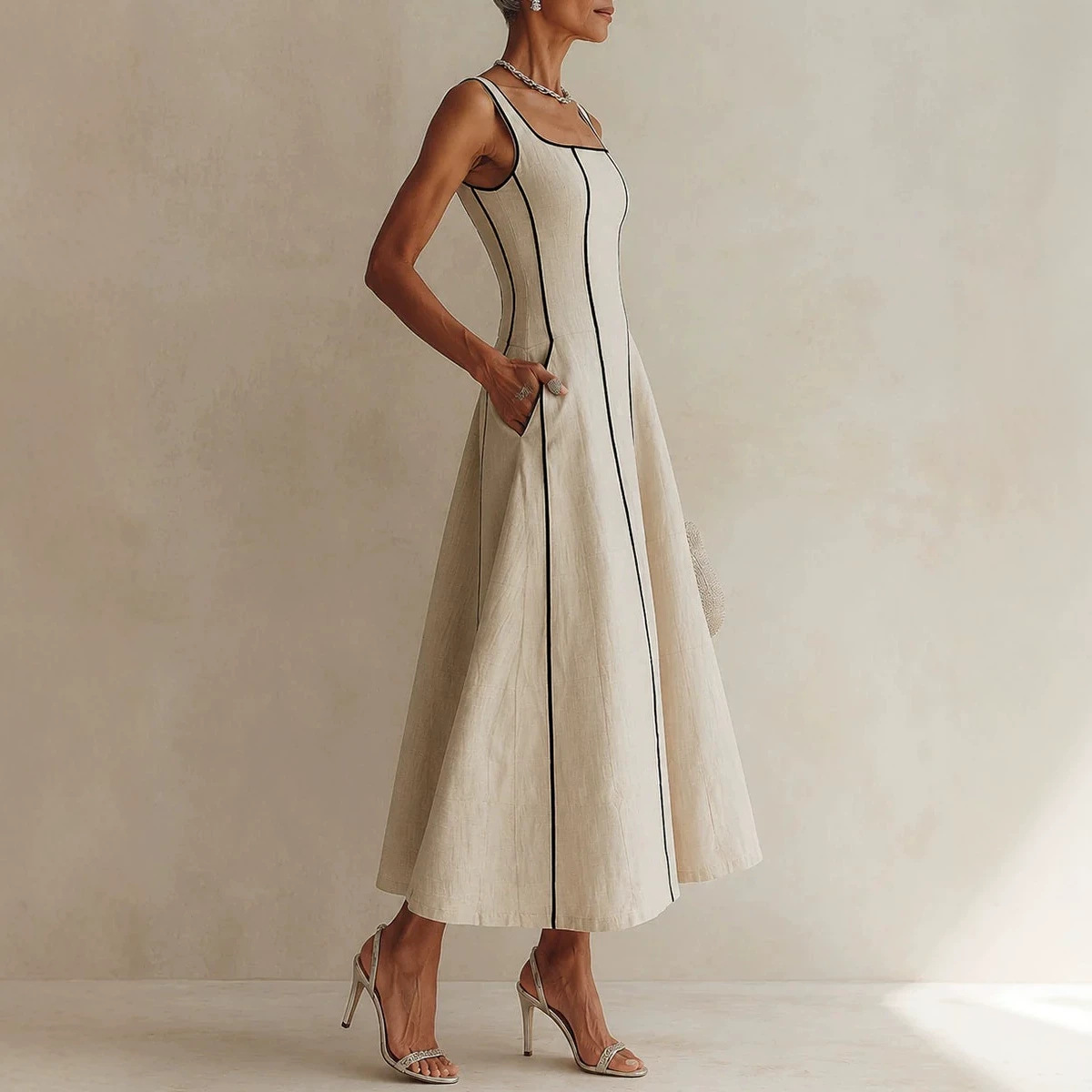 French Square-Neck Sleeveless Dress with Contrast Stitching and Waist-Cinching