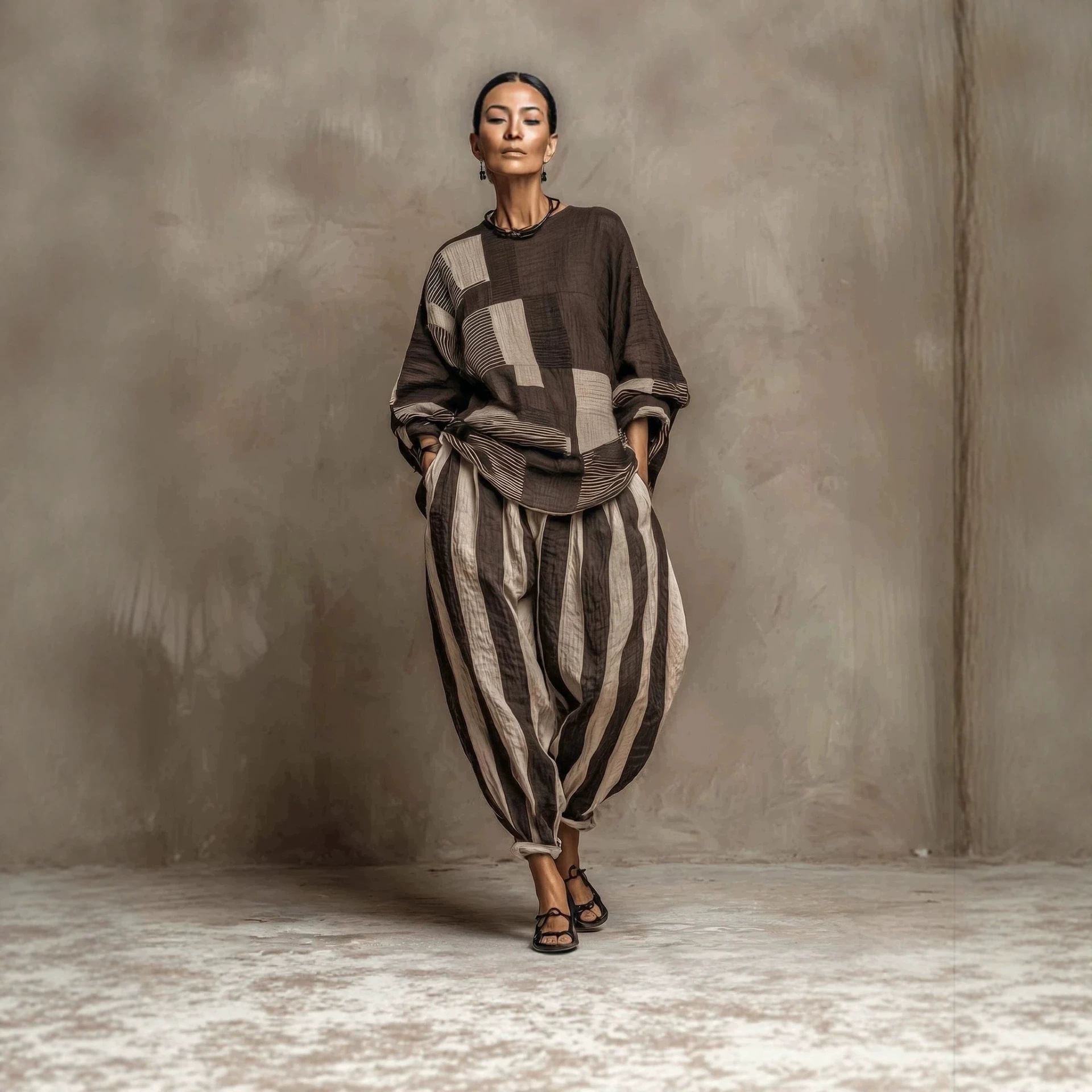 Striped Plaid Lazy Style Cotton-Linen Top and Pants Set
