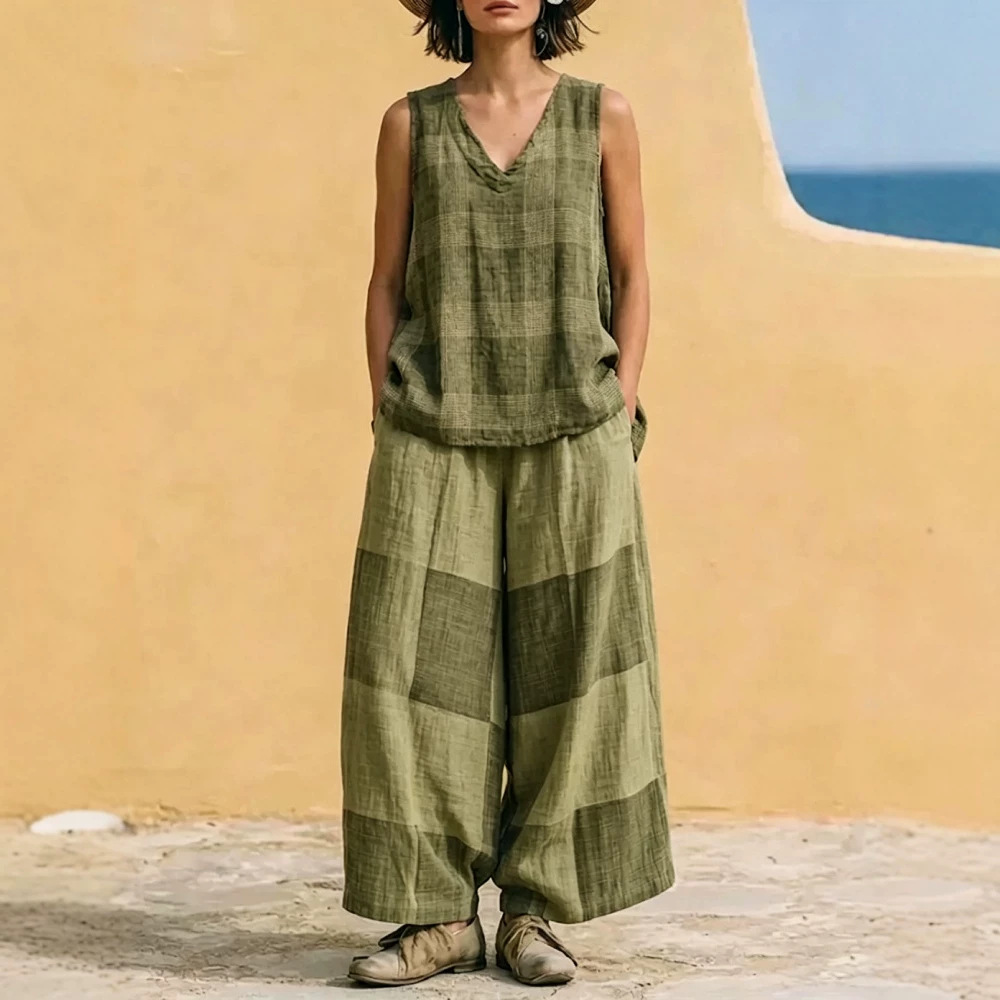 Women's Plaid Sleeveless Top and Wide-Leg Pants Two-Piece Set