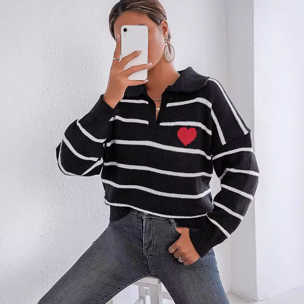 Women's Color-Block Striped Heart Polo Neck Sweater