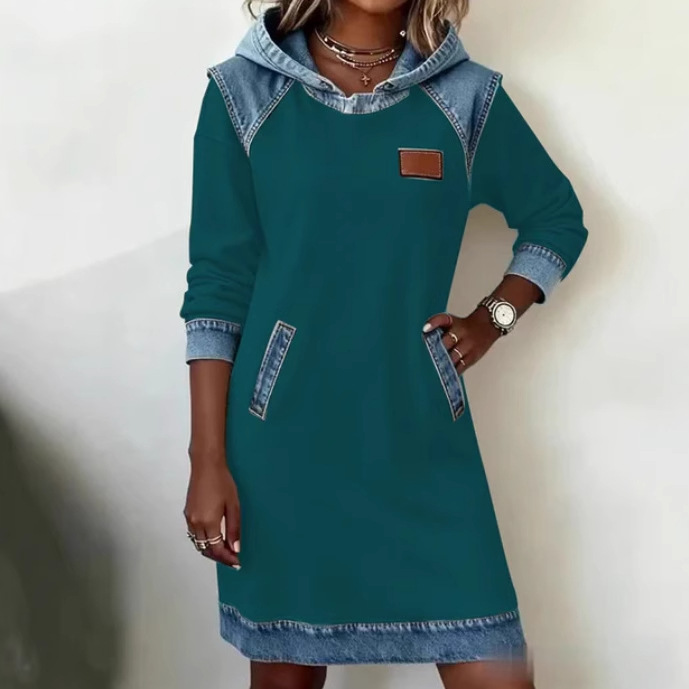 Hooded Faux Denim Patchwork Long Sleeve Sweatshirt Dress