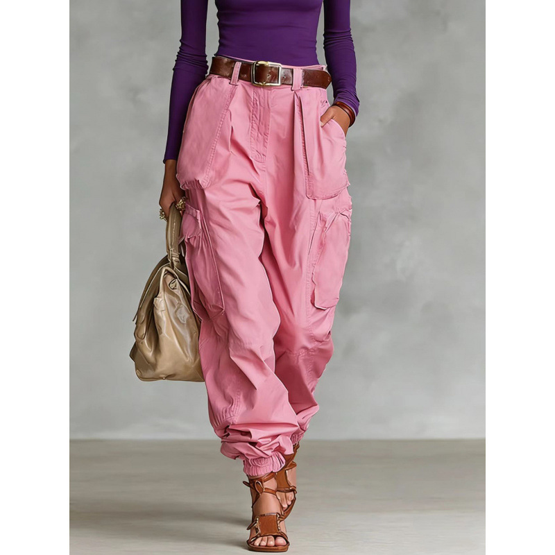 High-Waisted Wide-Leg Cargo Pants for Women, Loose Streetwear, Non-Stretch