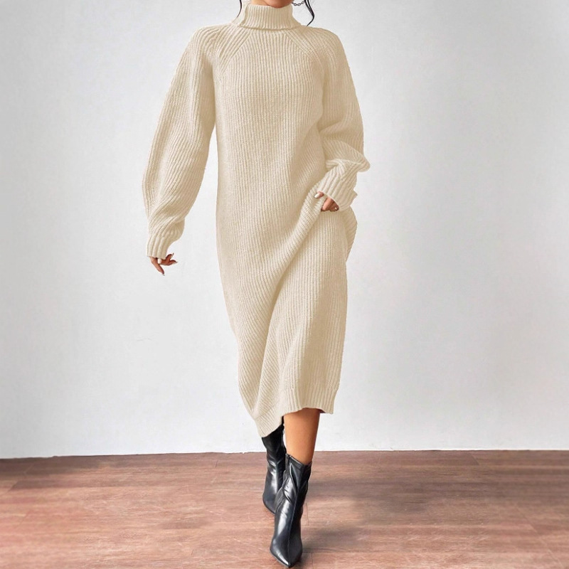 Women's Turtleneck Long Sleeve Knit Sweater Dress Solid Color Long Pullover