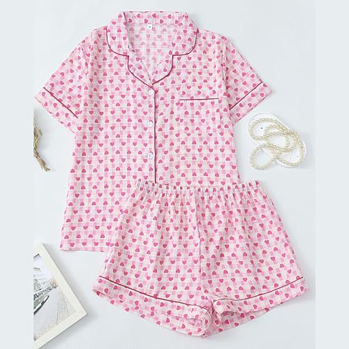 Women's Cuban Collar Polka Dot Heart Print Short Sleeve Shirt Set