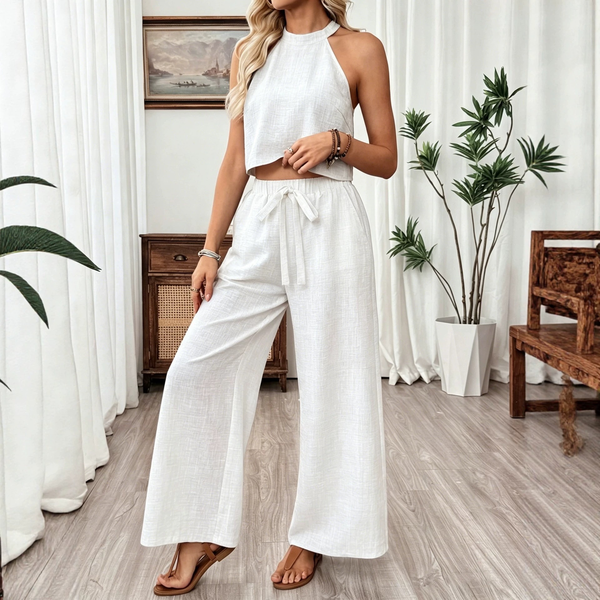 Women's Halter Sleeveless Crop Top and Wide-Leg Pants Set Casual Two-Piece