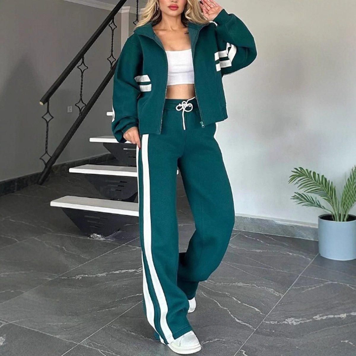 Y2K Striped Zip-Up Top and Pants Casual Sport Set for Women