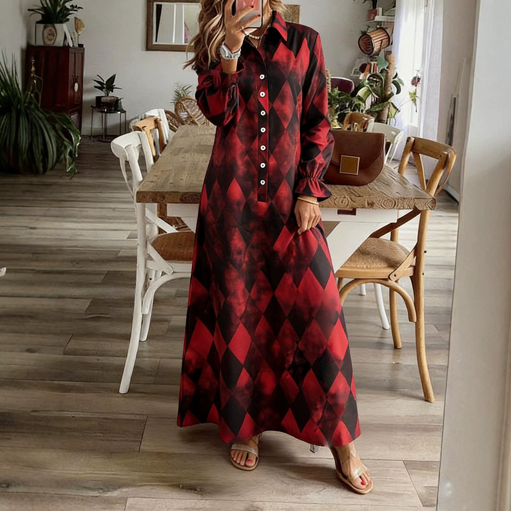 Plaid Ruffle Sleeve Loose A-Line Long Dress