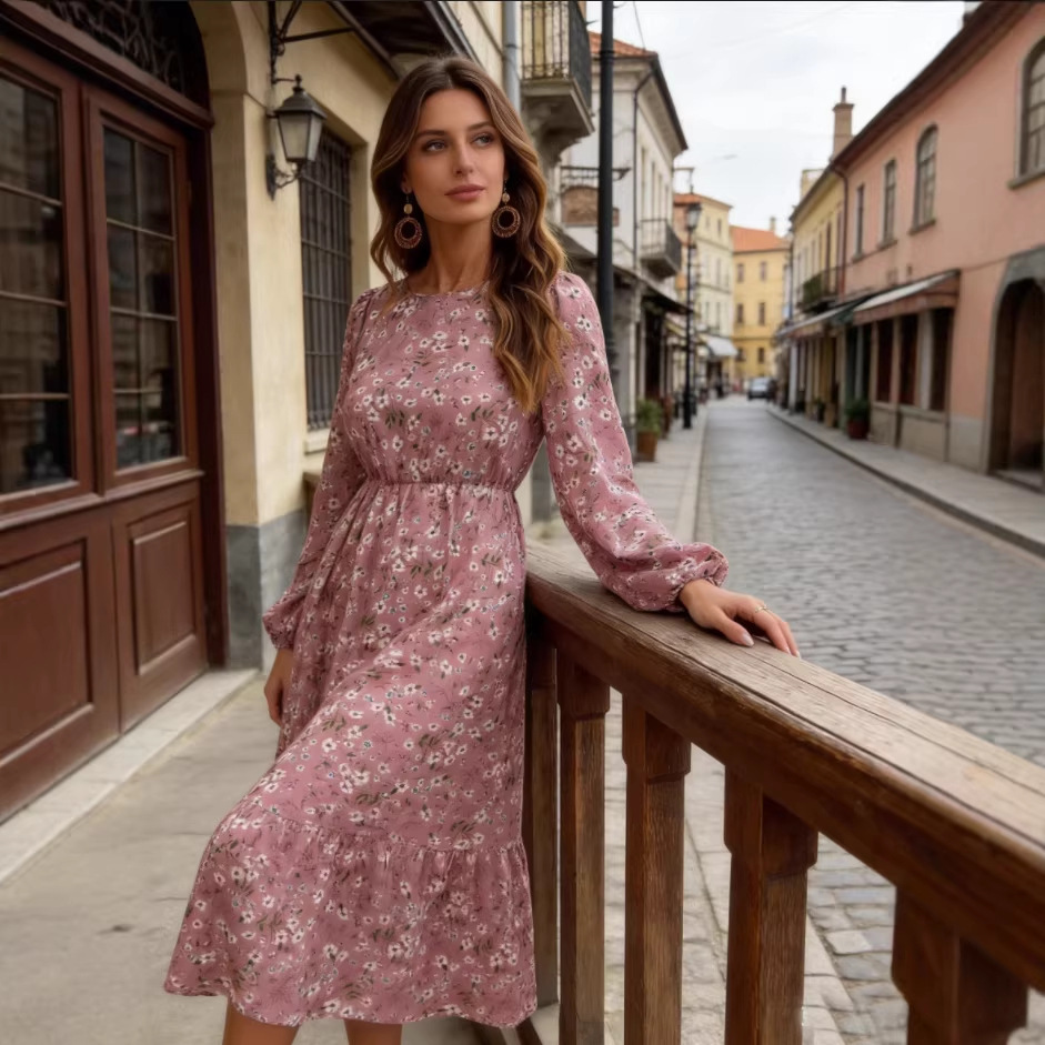 Vintage Floral Print Long Sleeve A-Line Dress