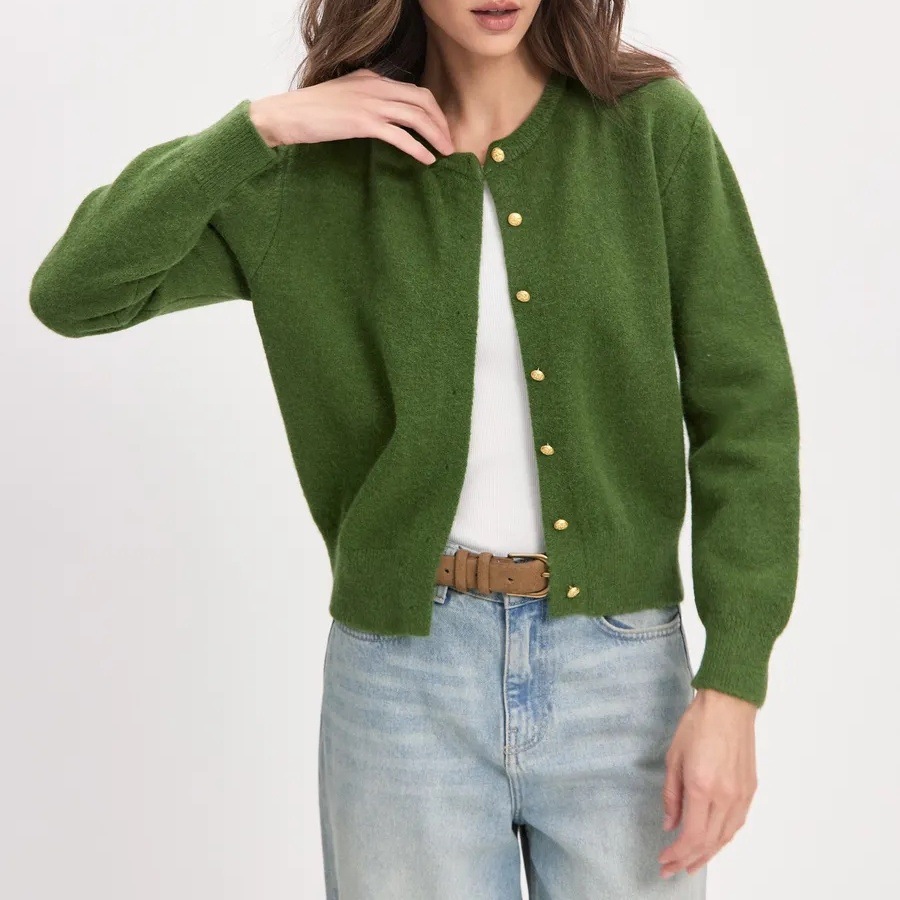 Long Sleeve Knit Cardigan with Gold Buttons Crew Neck Solid Color Loose Sweater Coat
