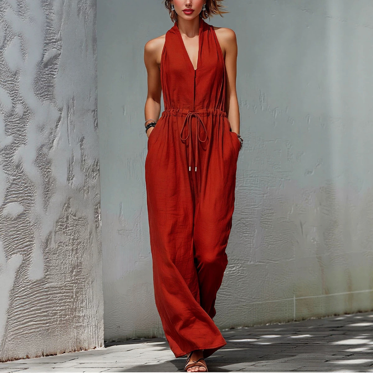 Women's Sleeveless Solid Color Long Wide-Leg Jumpsuit for Vacation