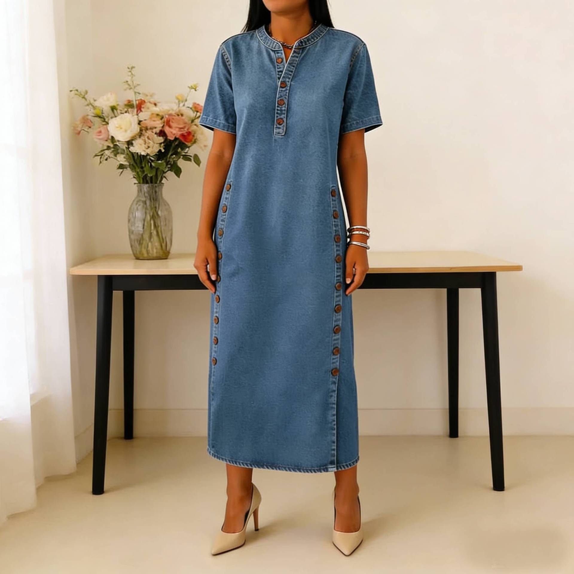 Elegant Short Sleeve Multi-Button Denim Dress